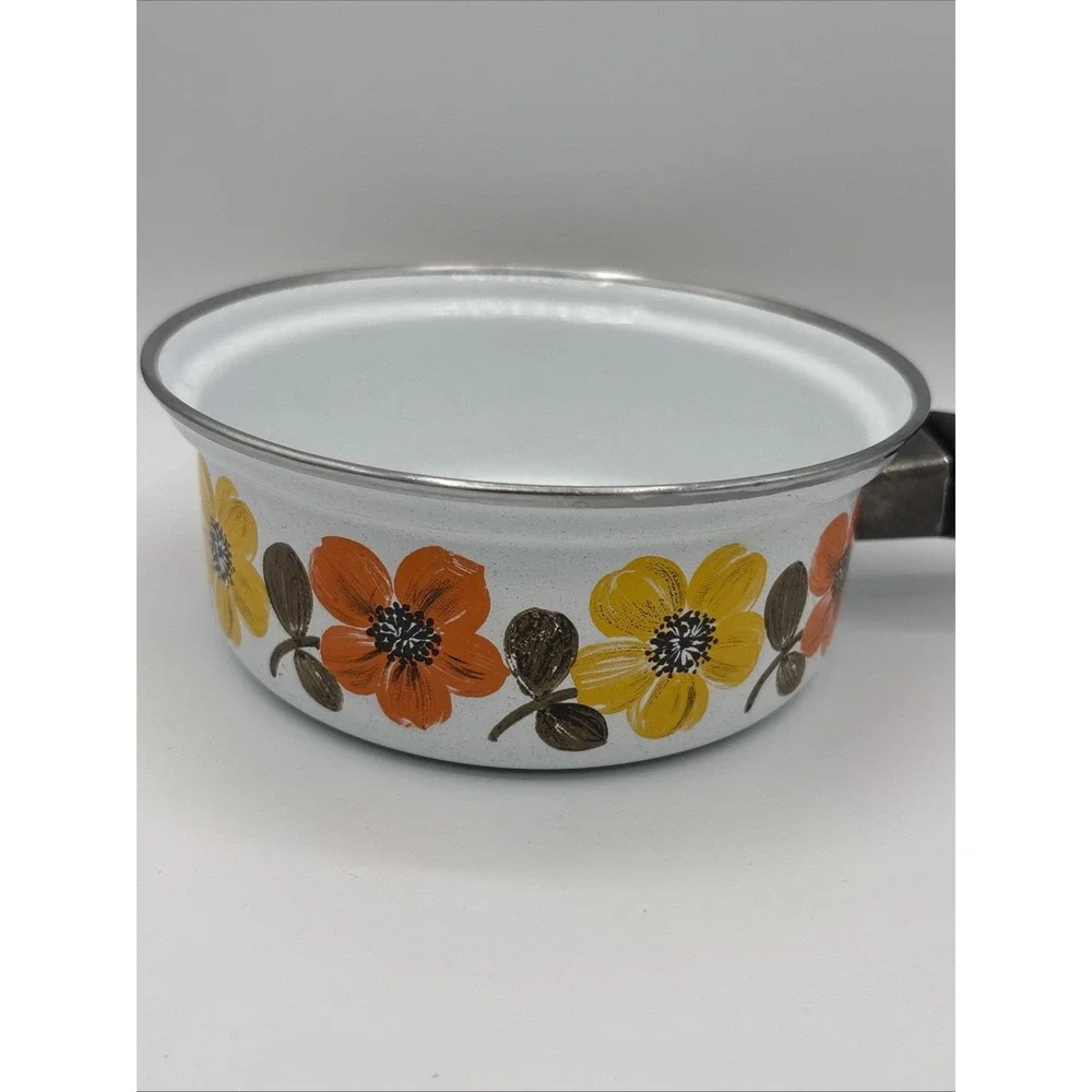 Vtg Austria Email Primavera Enamelware Saucepan Mod 70s Orange Floral Flower Pan